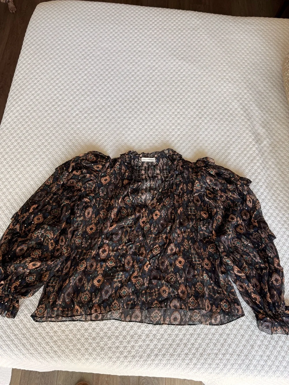 Ulla Johnson Sheer Black Floral Puff-Sleeve Blouse